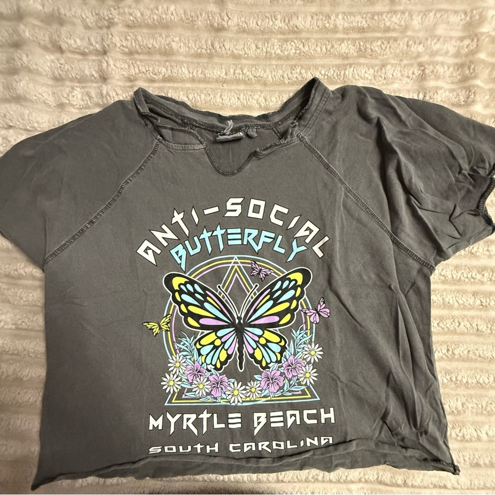 Charcoal Gray Crop Top with Butterfly Design